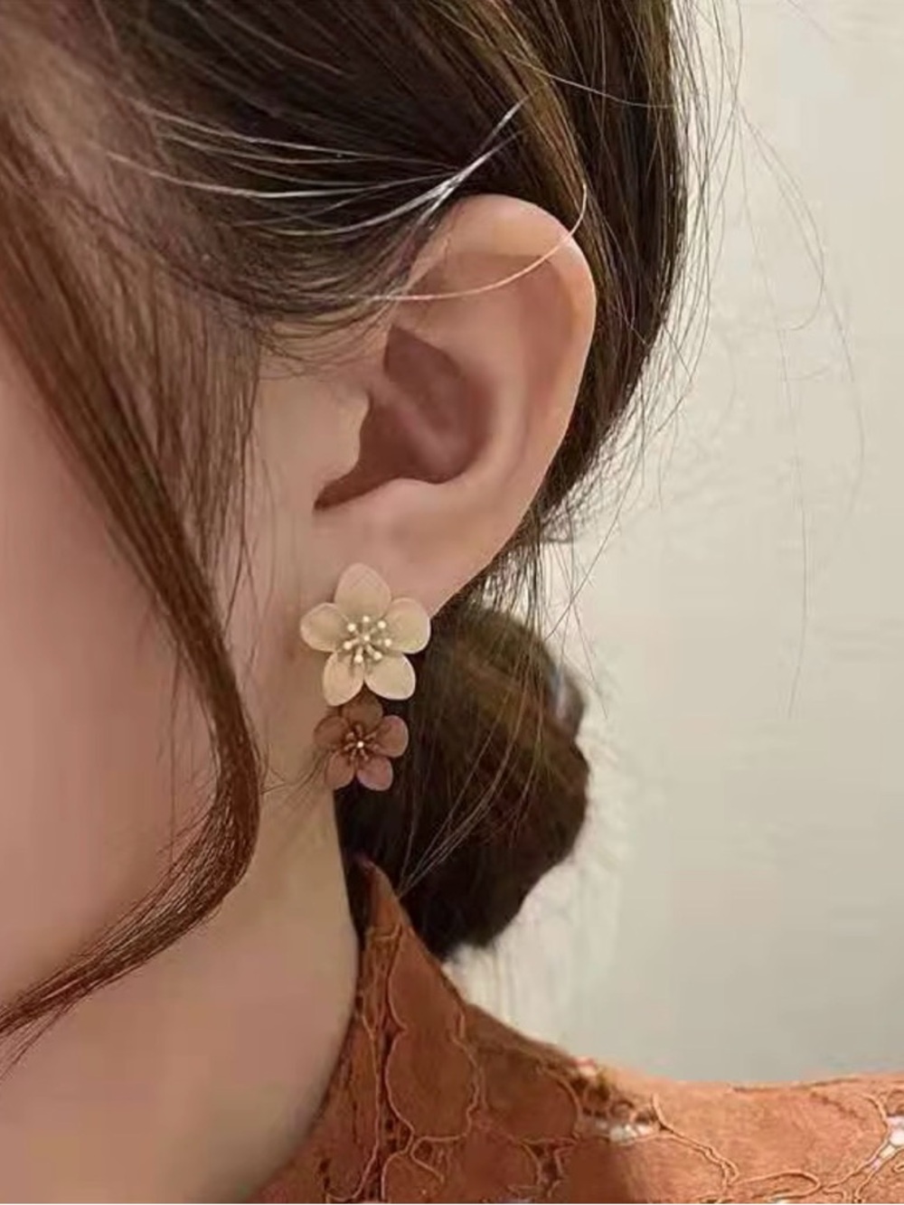 Delicate Beige & Brown Floral Drop Earrings - Women Jewelry